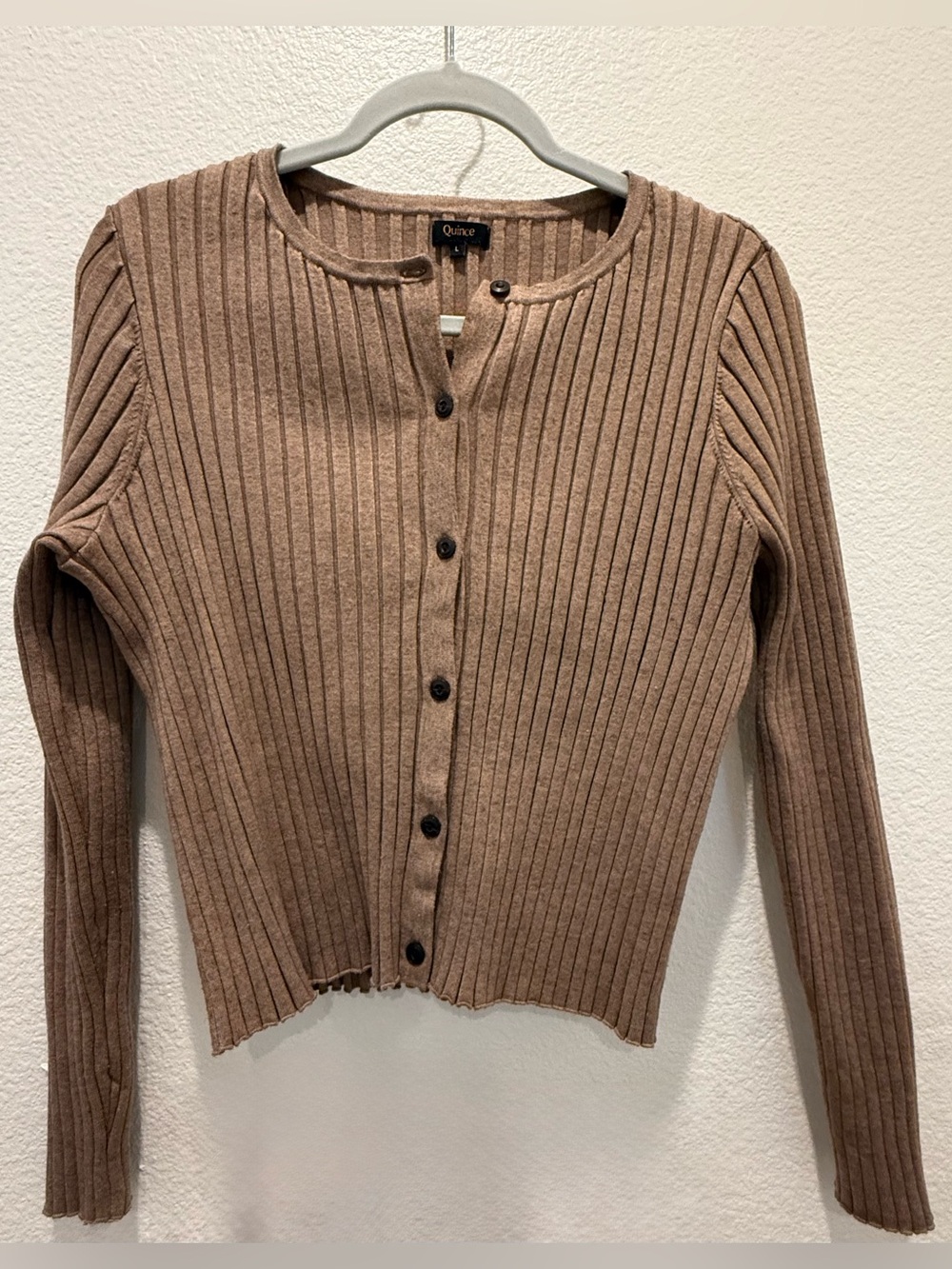 Quince cardigan sweater ribbed taupe brown button-up size Large cropped stretchy